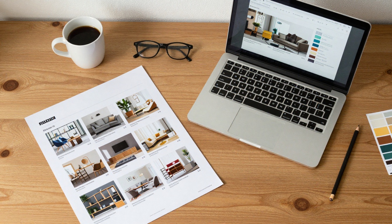 Printed catalog beside a laptop showing the digital version Printed catalog beside a laptop showing the digital version