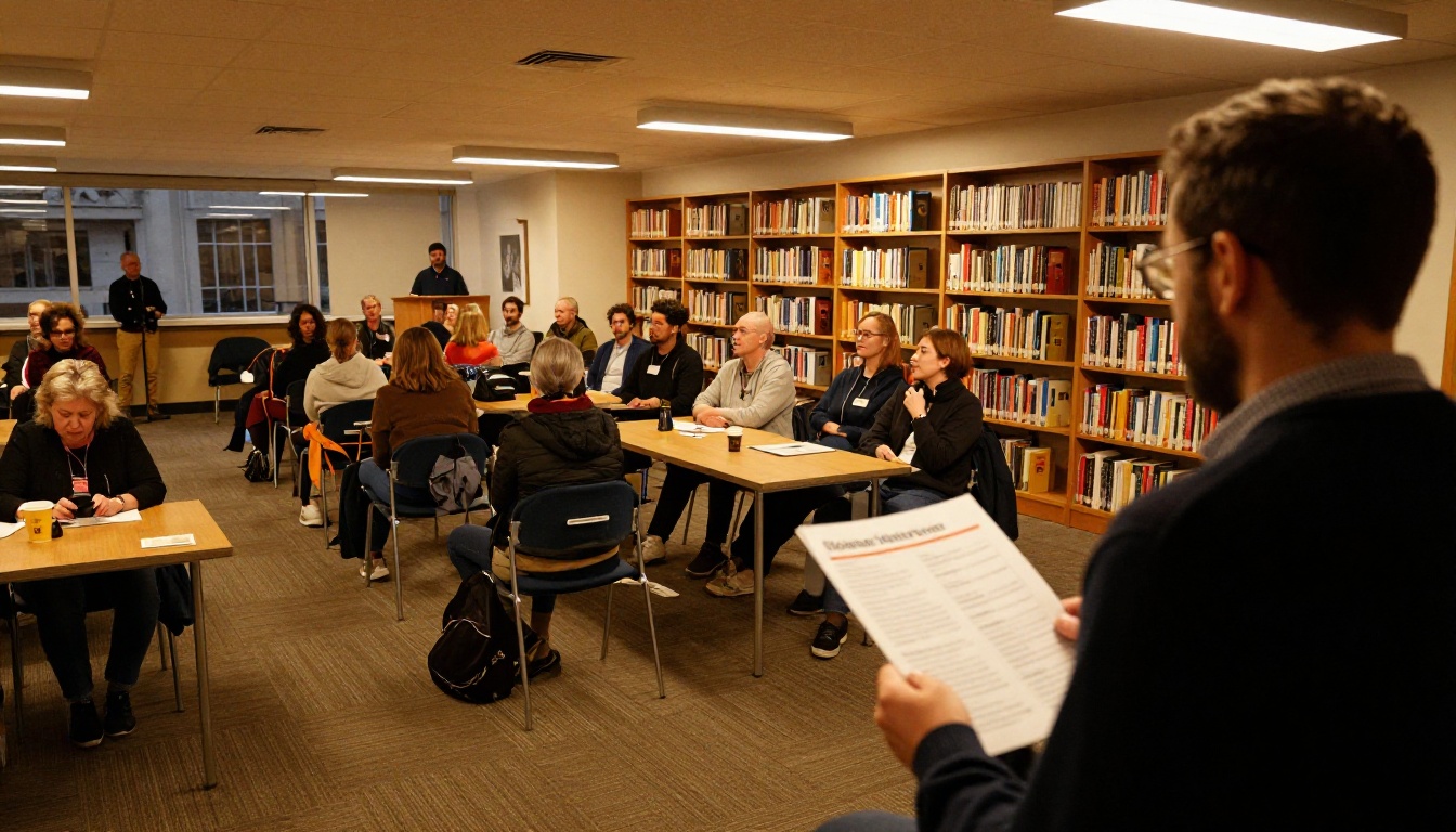 Evening author talk in a library community room Evening author talk in a library community room