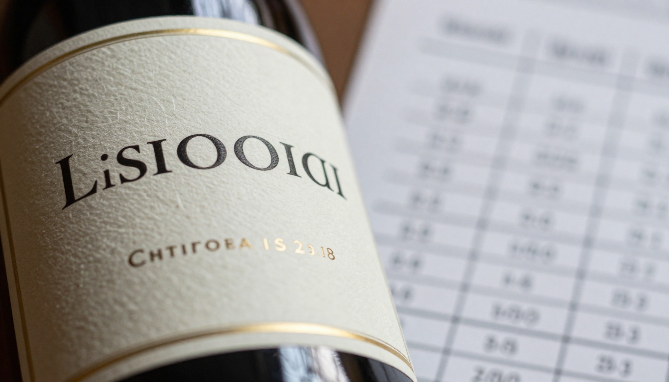 Macro of a wine label beside a printed technical sheet with a tasting score grid Macro of a wine label beside a printed technical sheet with a tasting score grid