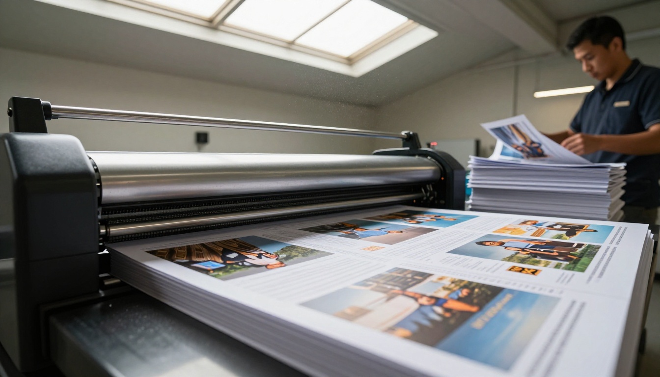 Digital press ejecting printed catalog sheets in an industrial hall Digital press ejecting printed catalog sheets in an industrial hall