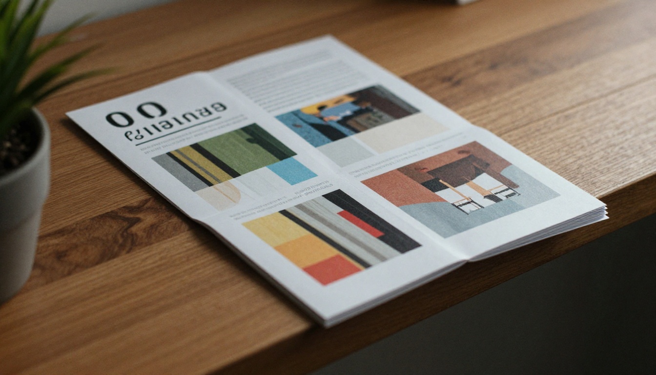 Printed brochure on a shelf ledge Printed brochure on a shelf ledge