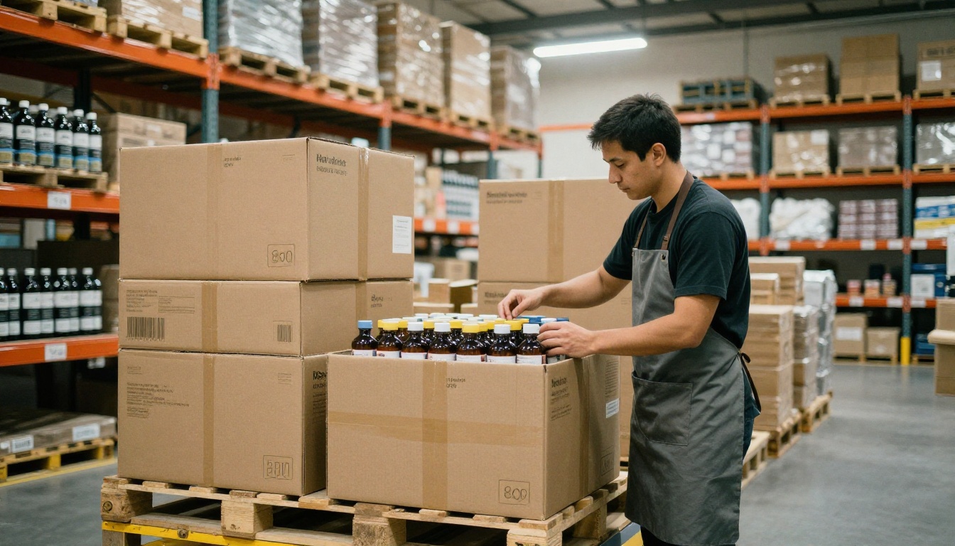 Warehouse worker packing sample bottles into protective cardboard shippers Warehouse worker packing sample bottles into protective cardboard shippers