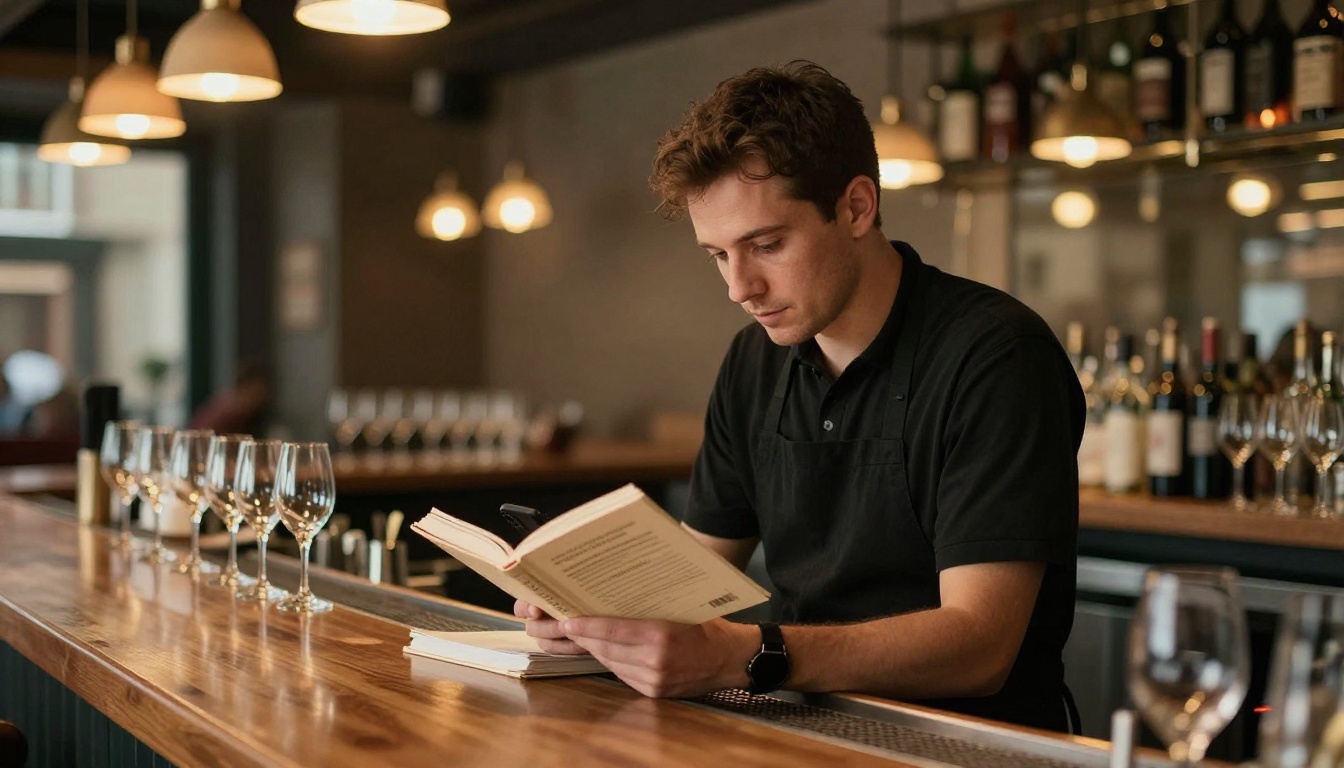 Restaurant buyer reading a tasting book on a phone at a bar counter Restaurant buyer reading a tasting book on a phone at a bar counter