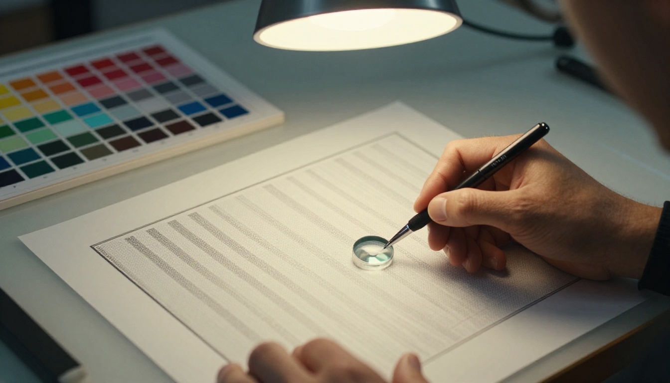 Print proofing under a loupe with a color chart Print proofing under a loupe with a color chart
