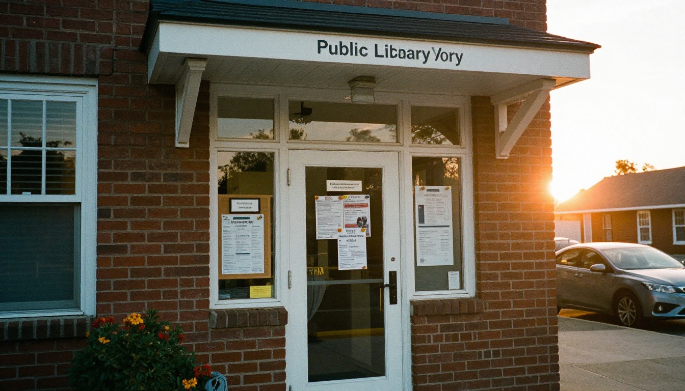 Volunteer pinning an events flyer by a library entrance Volunteer pinning an events flyer by a library entrance