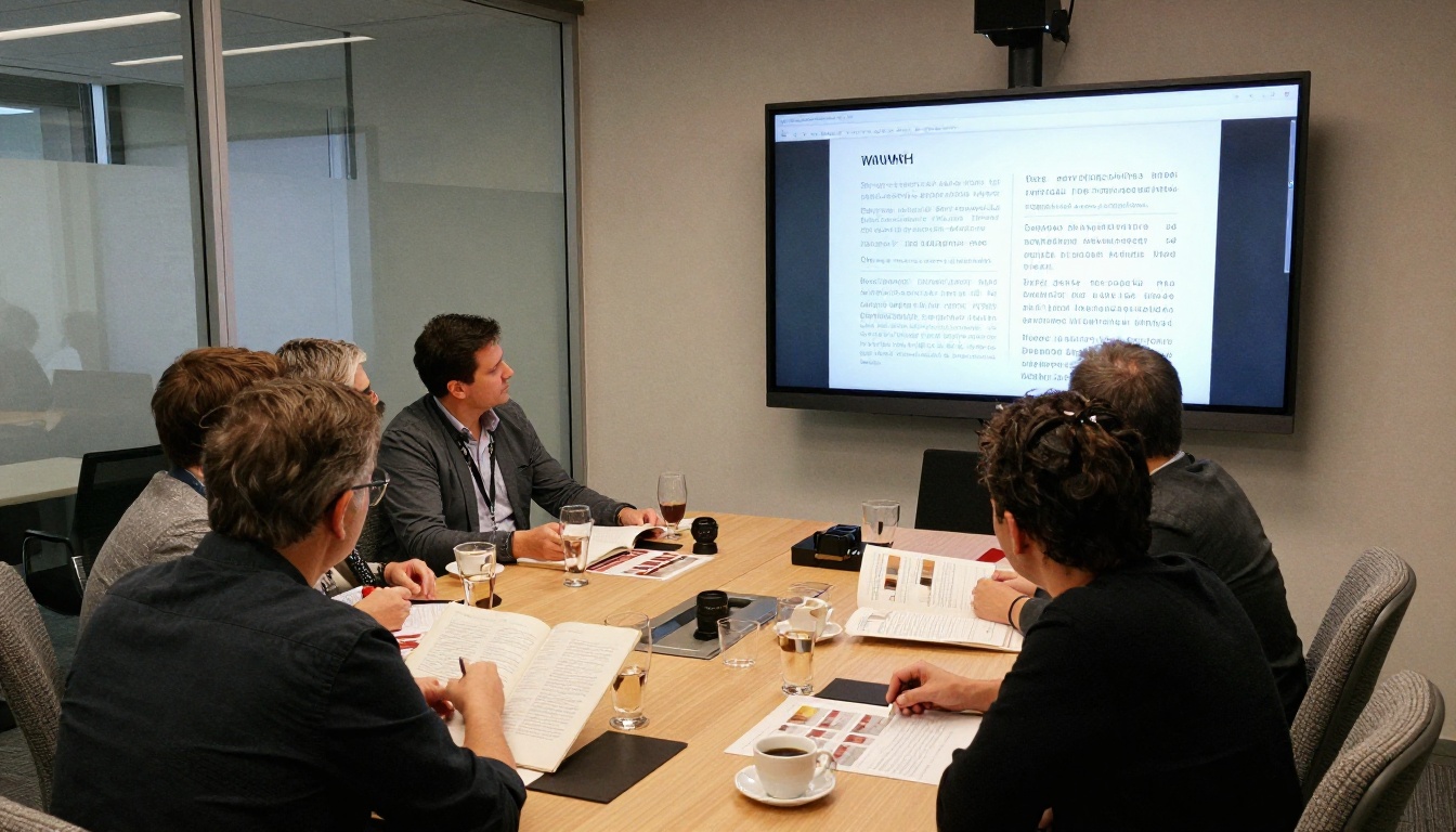 Importer team reviewing tasting book pages on a large monitor in a glass-walled office Importer team reviewing tasting book pages on a large monitor in a glass-walled office