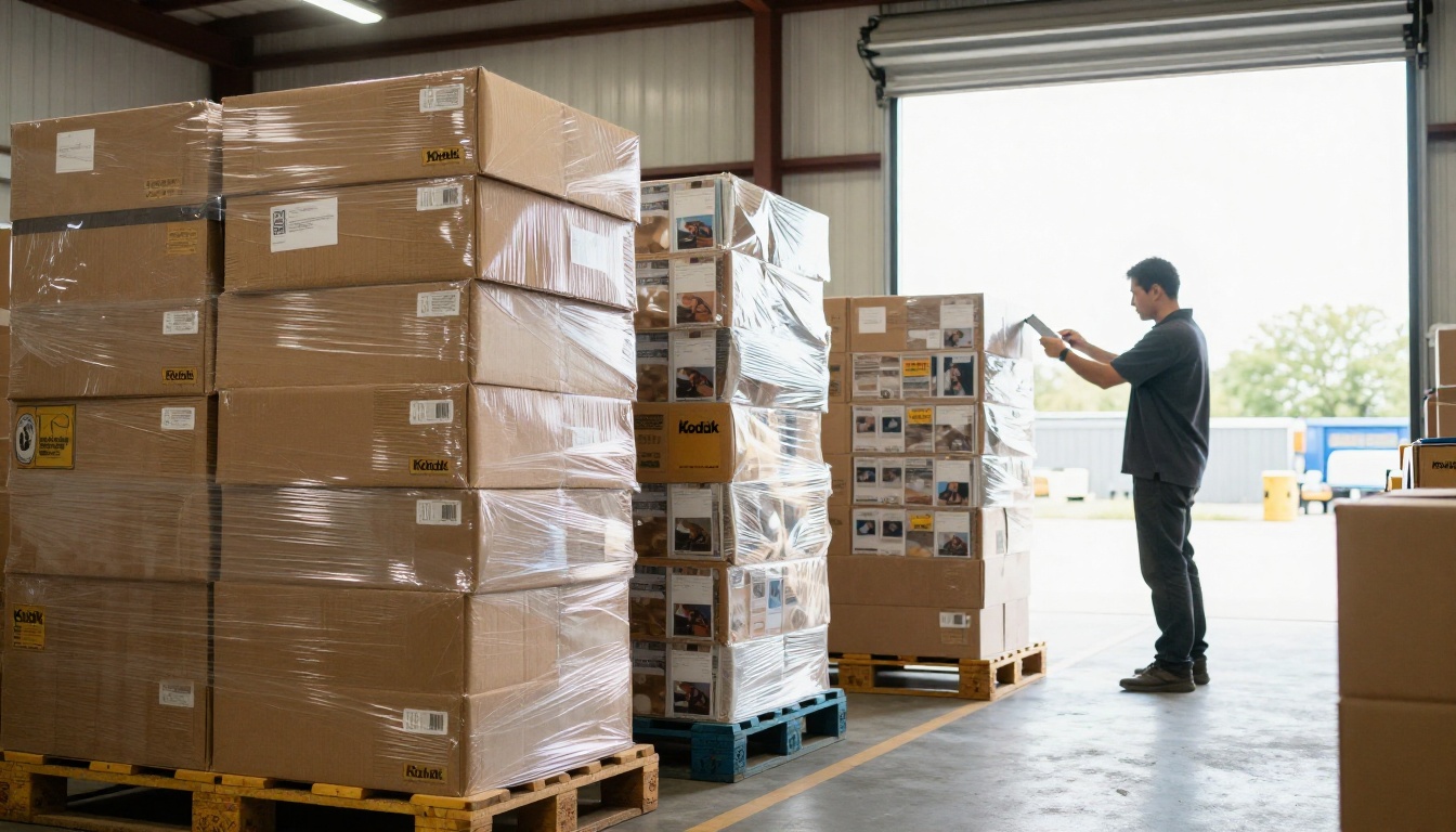 Warehouse packing station with boxed catalogs on pallets Warehouse packing station with boxed catalogs on pallets