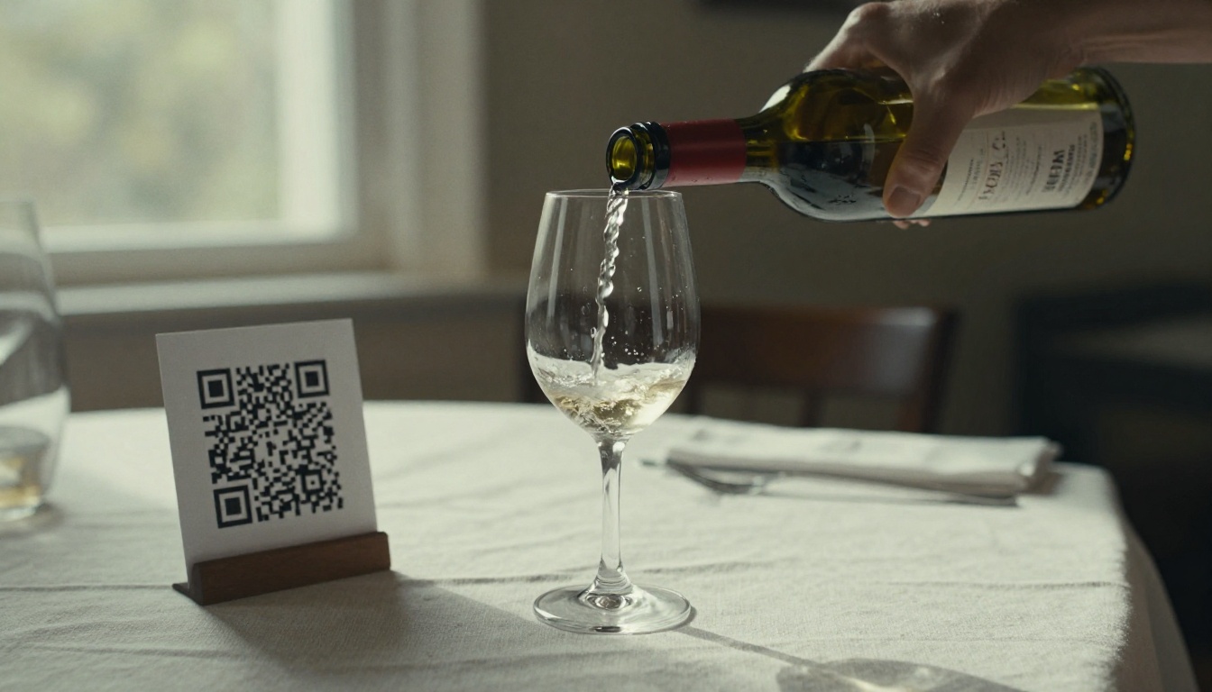 Hand pouring white wine at a tasting table beside a small QR card Hand pouring white wine at a tasting table beside a small QR card