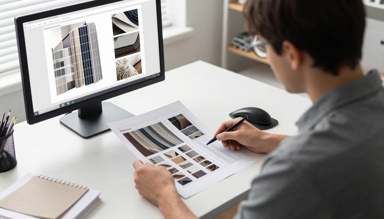 Account manager reviewing a spreadsheet and catalog proof Account manager reviewing a spreadsheet and catalog proof
