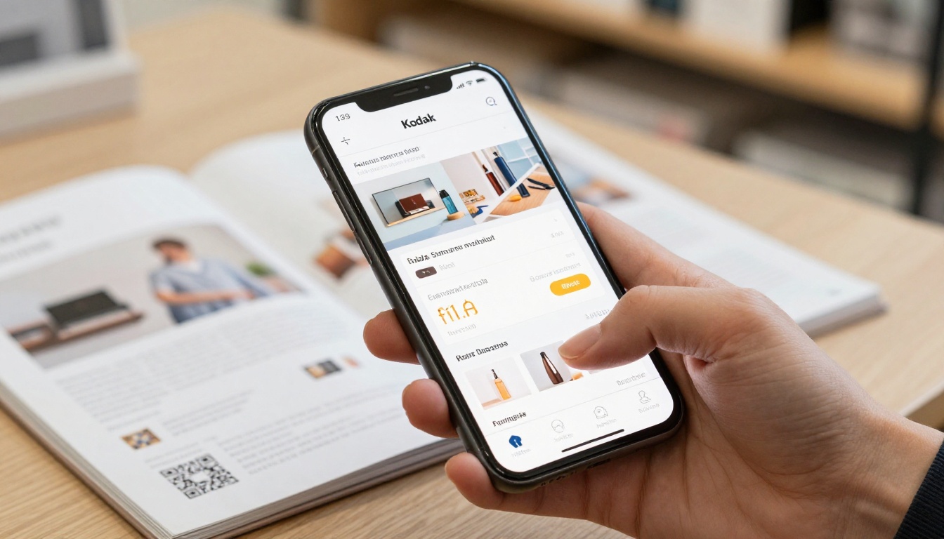 Smartphone showing a catalog page beside a printed catalog with a QR code Smartphone showing a catalog page beside a printed catalog with a QR code