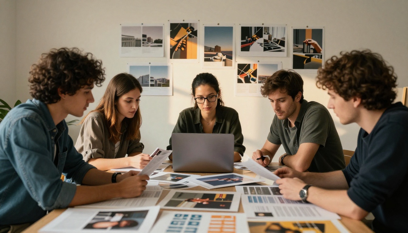 Team reviewing catalog page layouts on a table Team reviewing catalog page layouts on a table