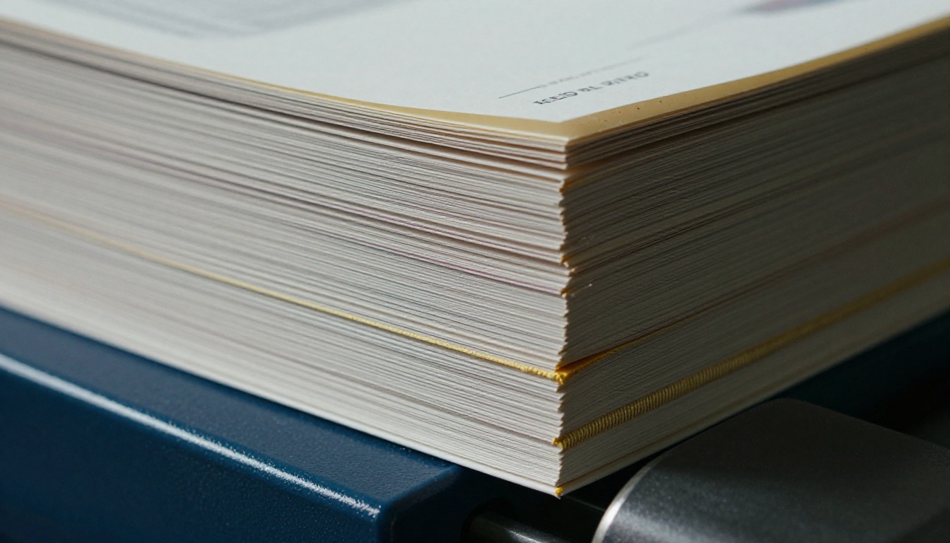 Catalog spine and stitched pages on a binding machine Catalog spine and stitched pages on a binding machine