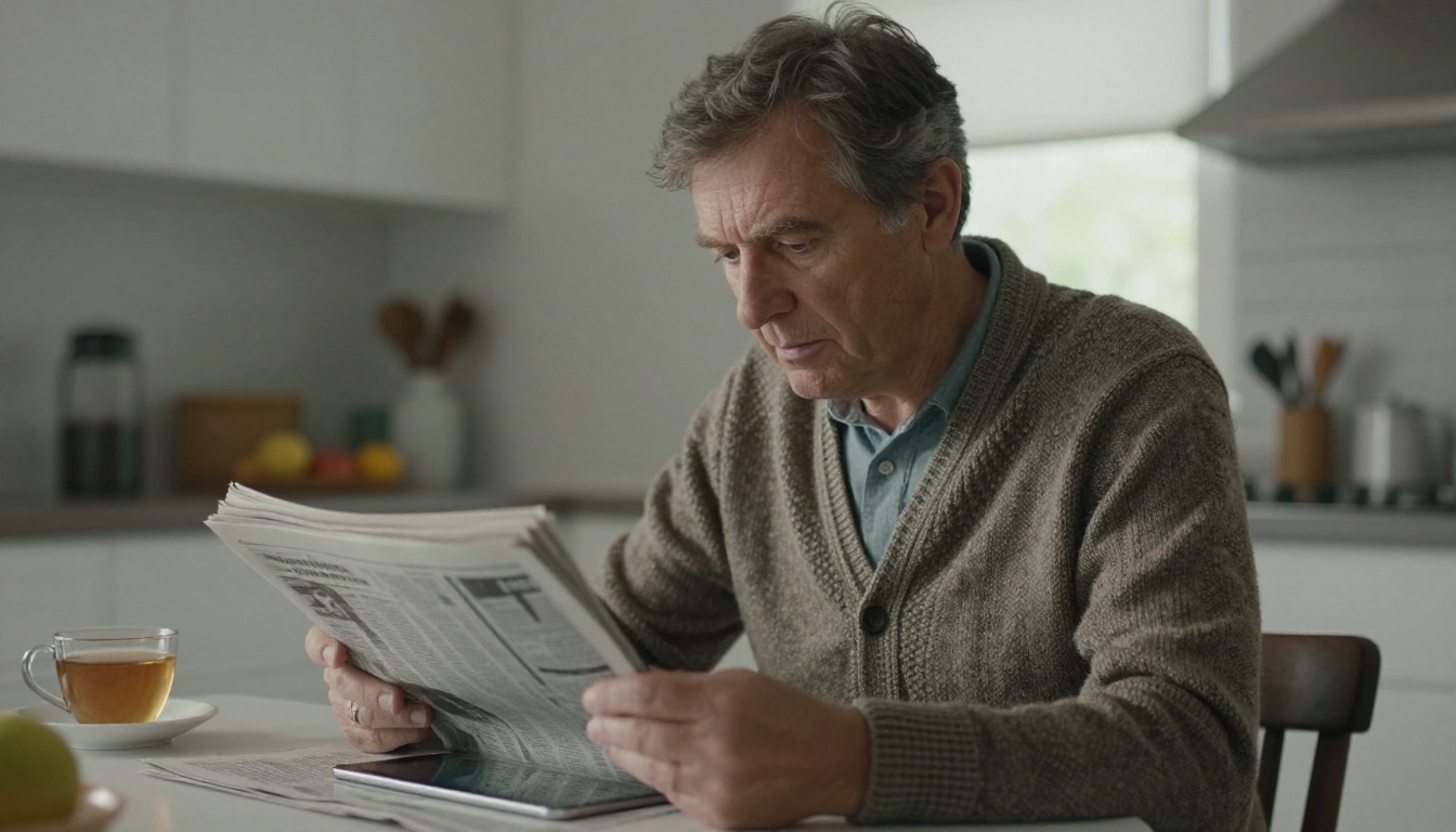 A retired reader enjoying a newspaper replica on a tablet at the kitchen table