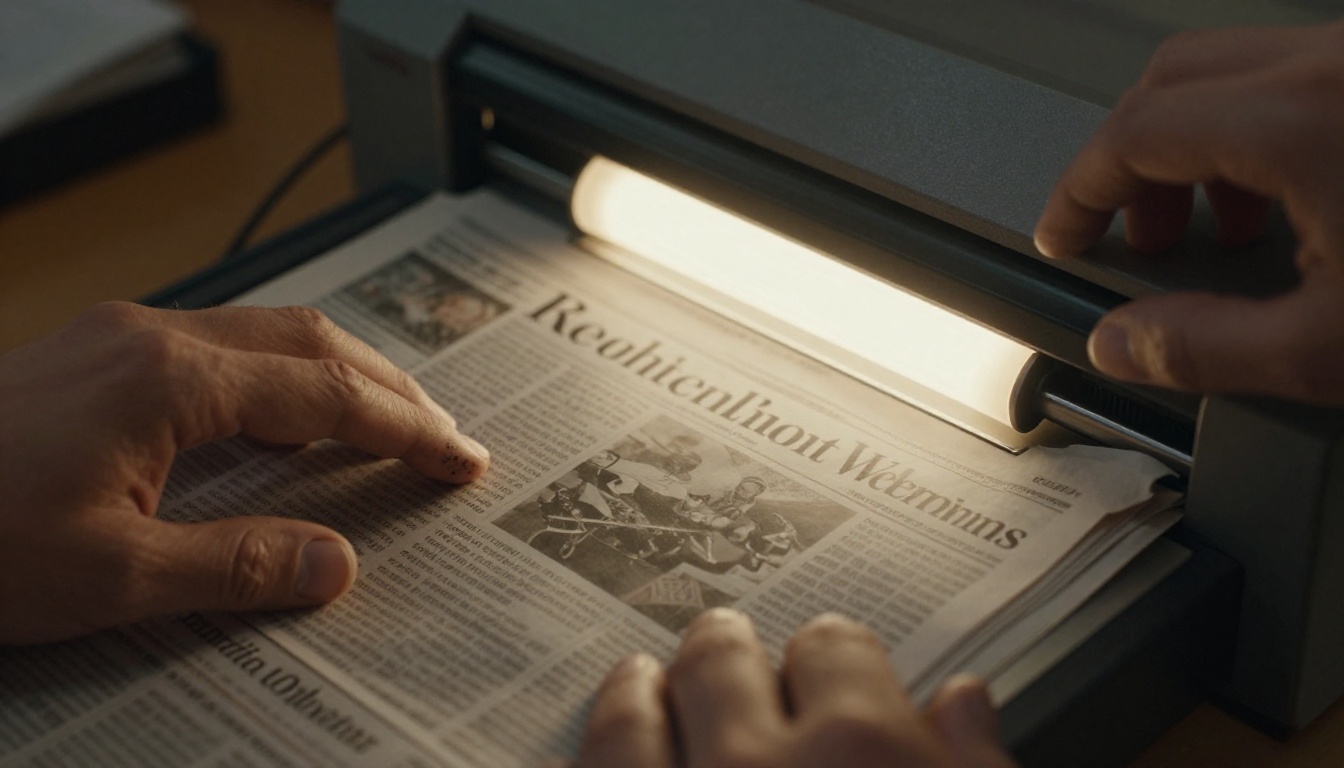 Hands placing a newspaper page onto a scanner in a print shop