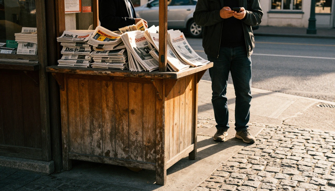 A corner newsstand in a small town with a customer holding a phone