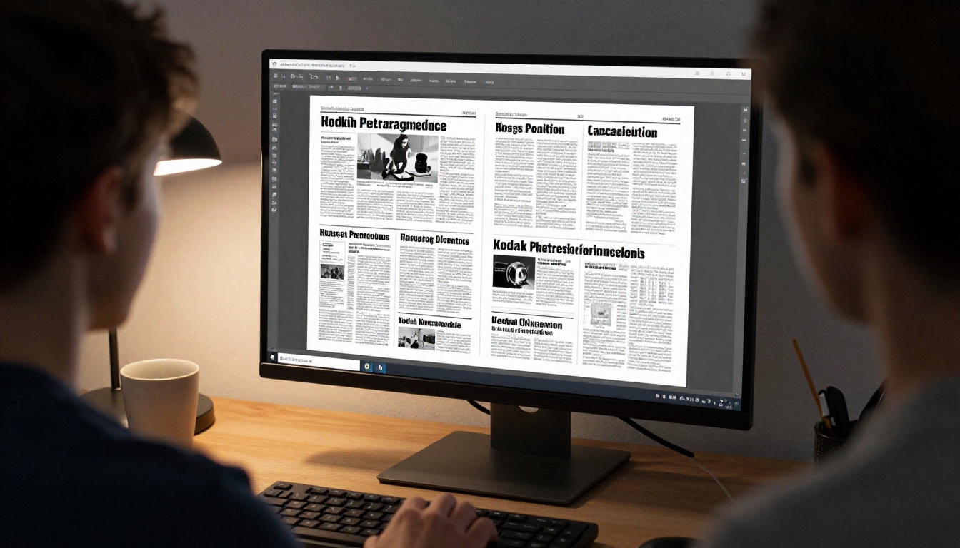 A designer arranging newspaper columns on a large monitor