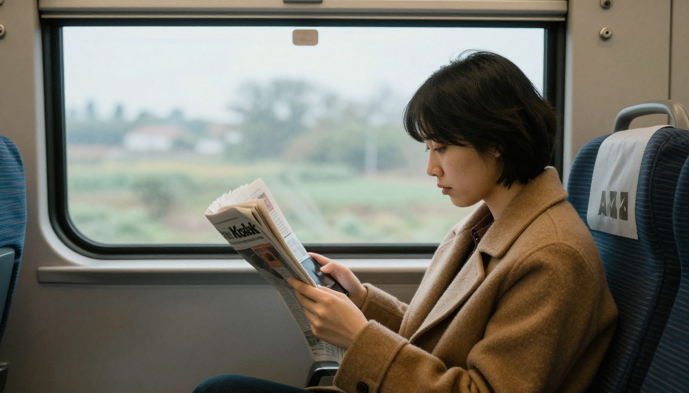 A commuter reading a newspaper edition on a smartphone on a train