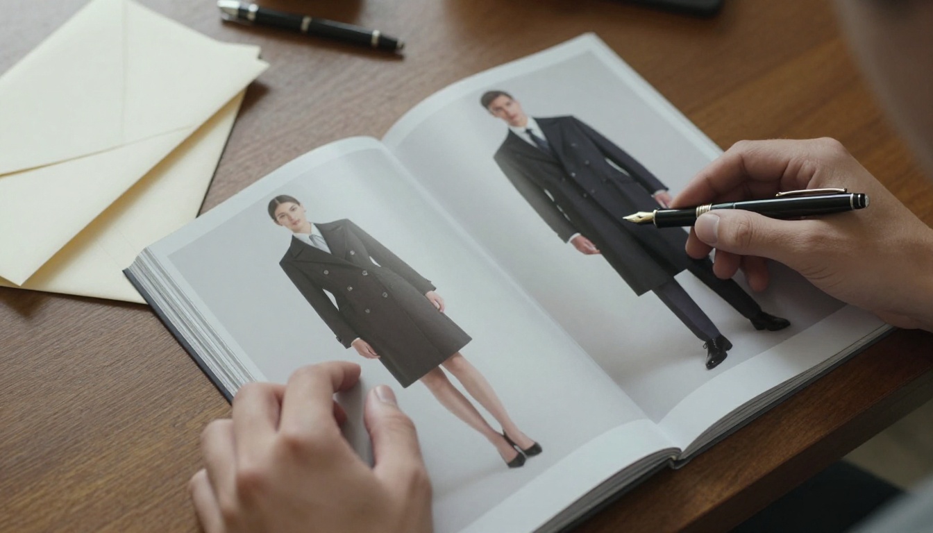A hand holding a glossy luxury fashion catalog on a walnut desk