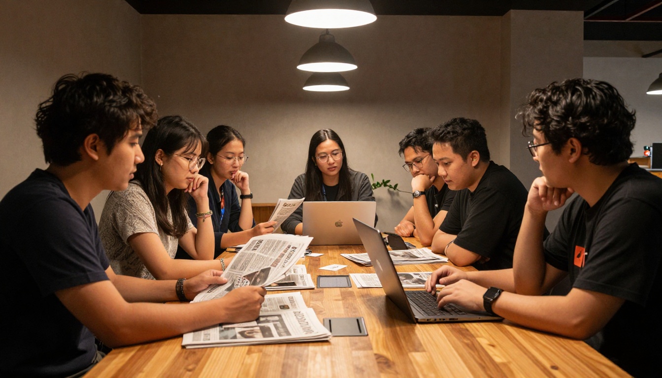 A local newspaper team discussing the weekly edition around a table