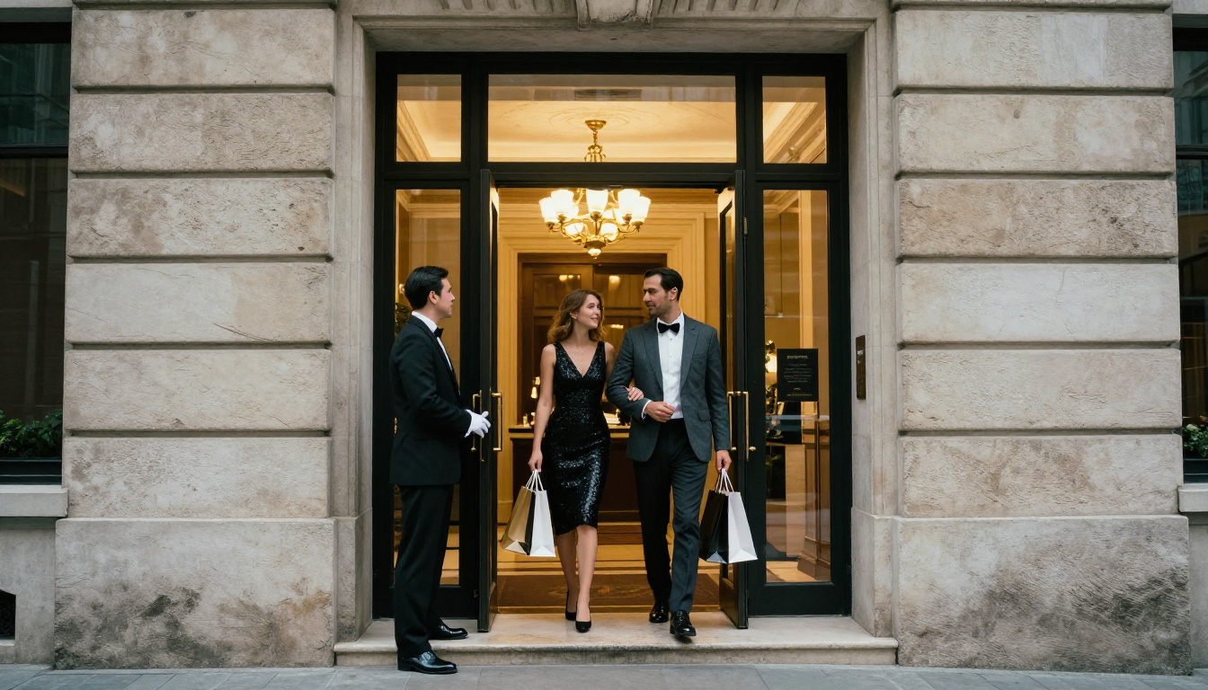 Low-angle view of a luxury boutique entrance with a doorman and shoppers