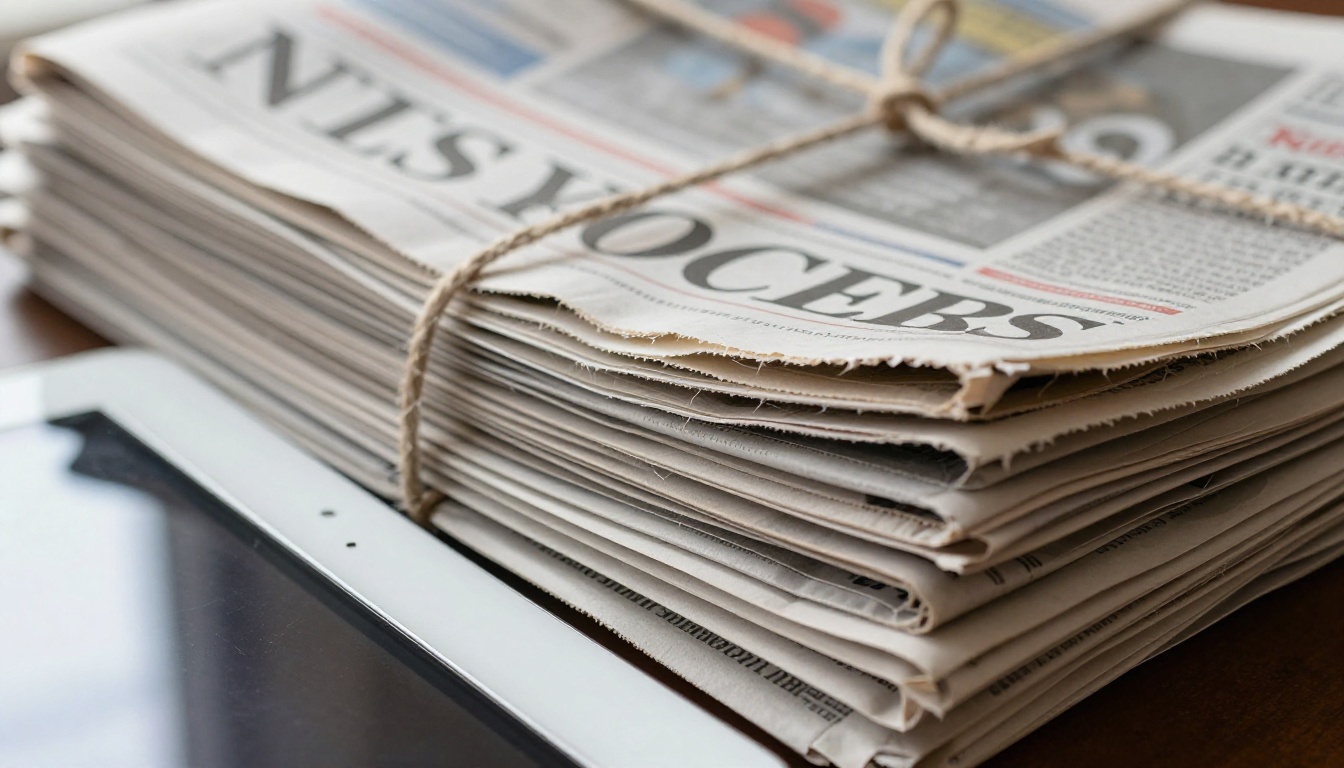 Folded newspapers tied with twine next to a tablet showing the same front page