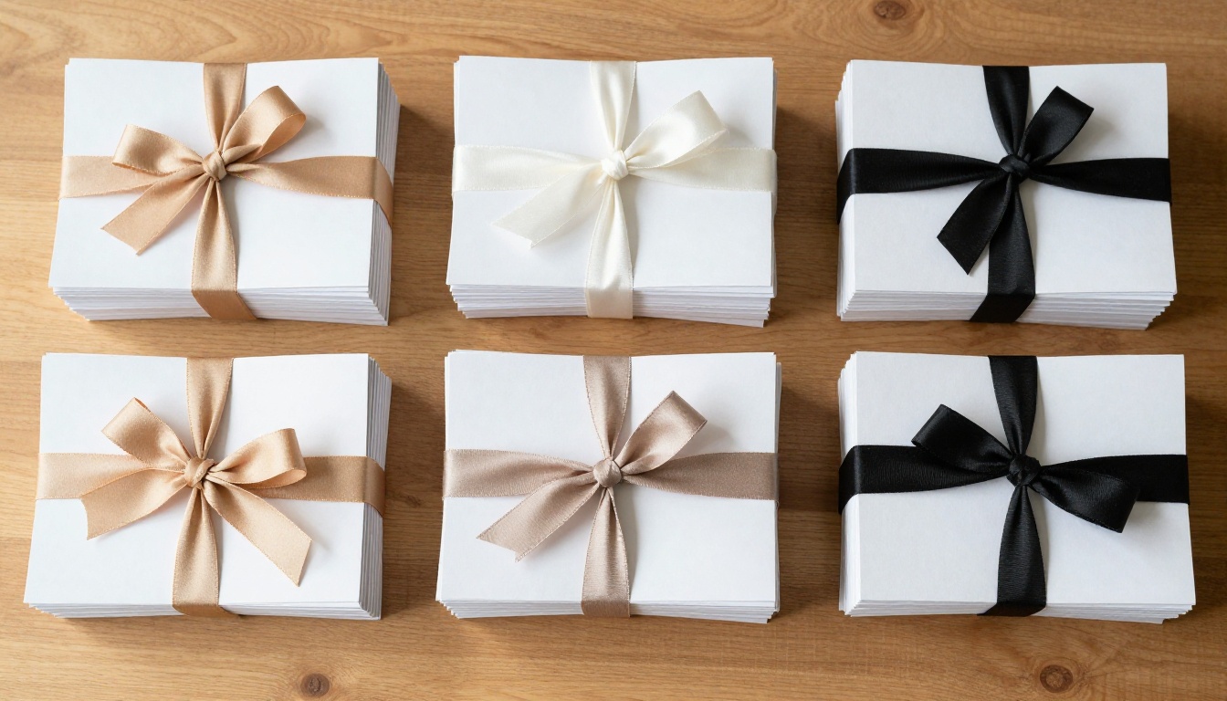 Aerial view of three stacks of catalogs tied with different ribbons