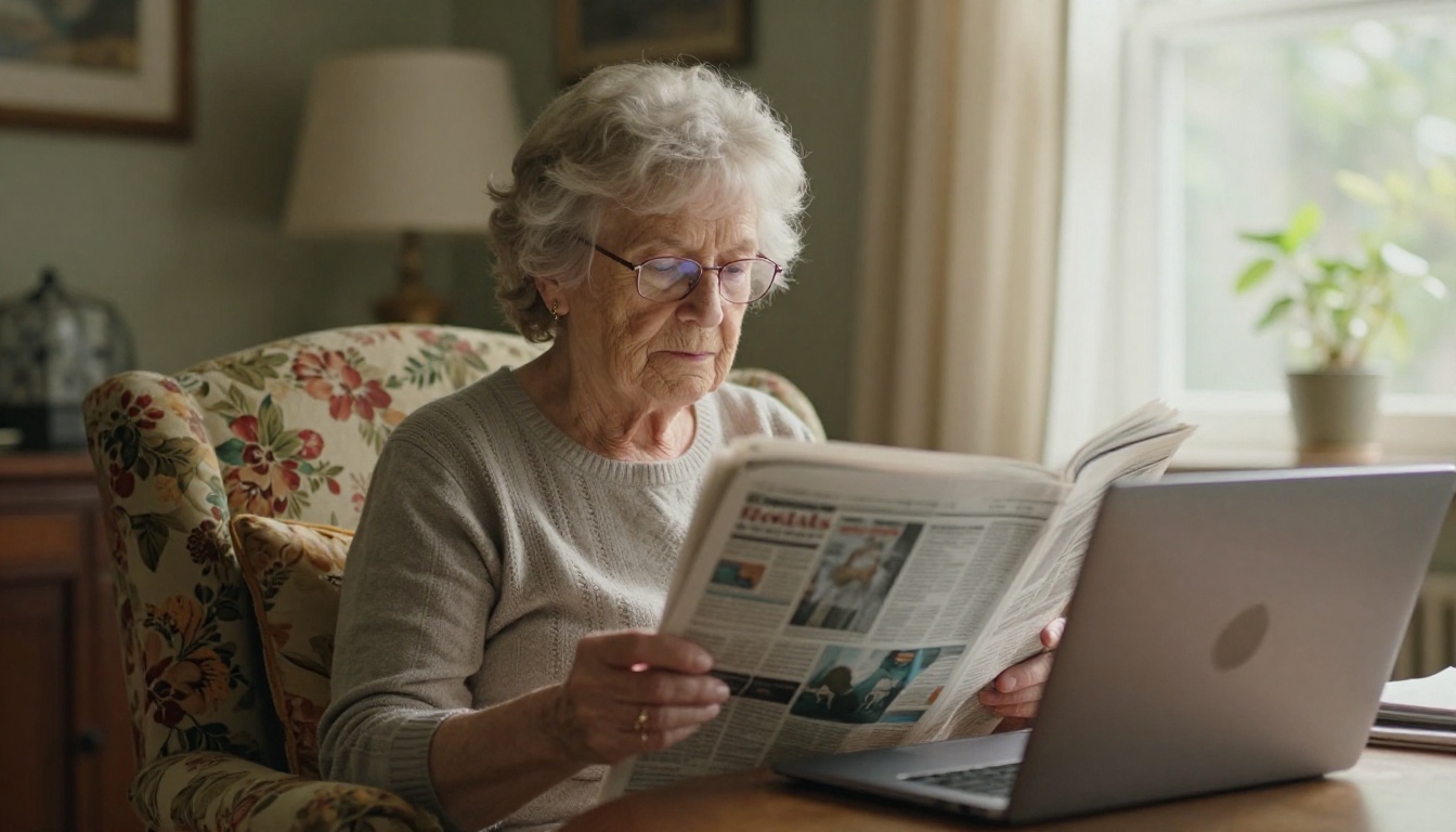 A subscriber reading a local newspaper replica on a laptop in her living room