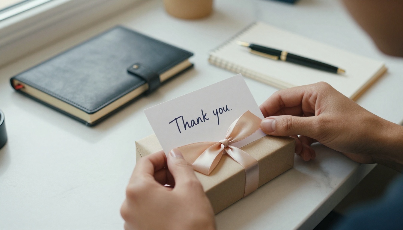 A personal shopper placing a handwritten card into a gift box