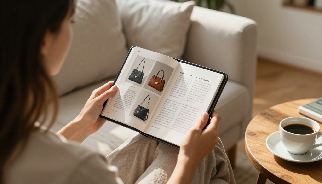 A woman reading a digital flipbook catalog on a tablet in a living room
