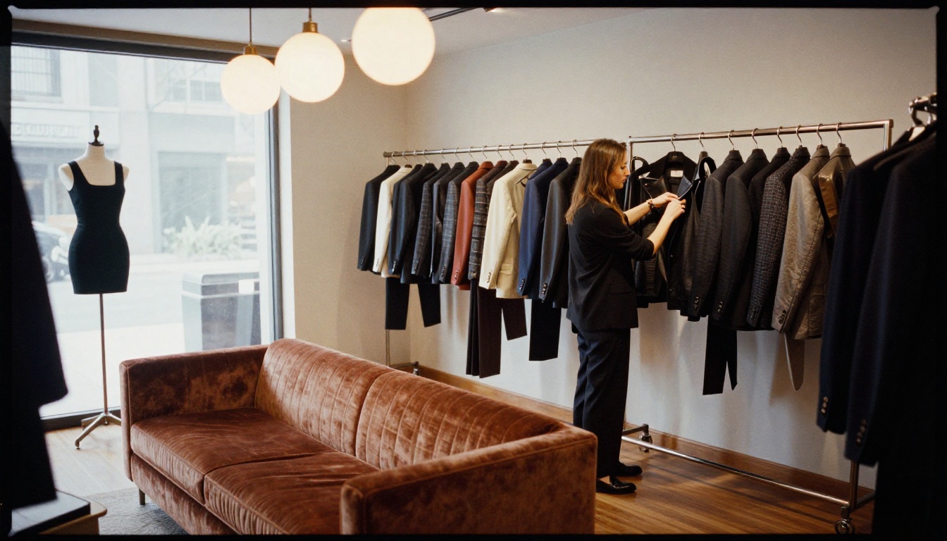 A private appointment room with a velvet sofa and garment rail