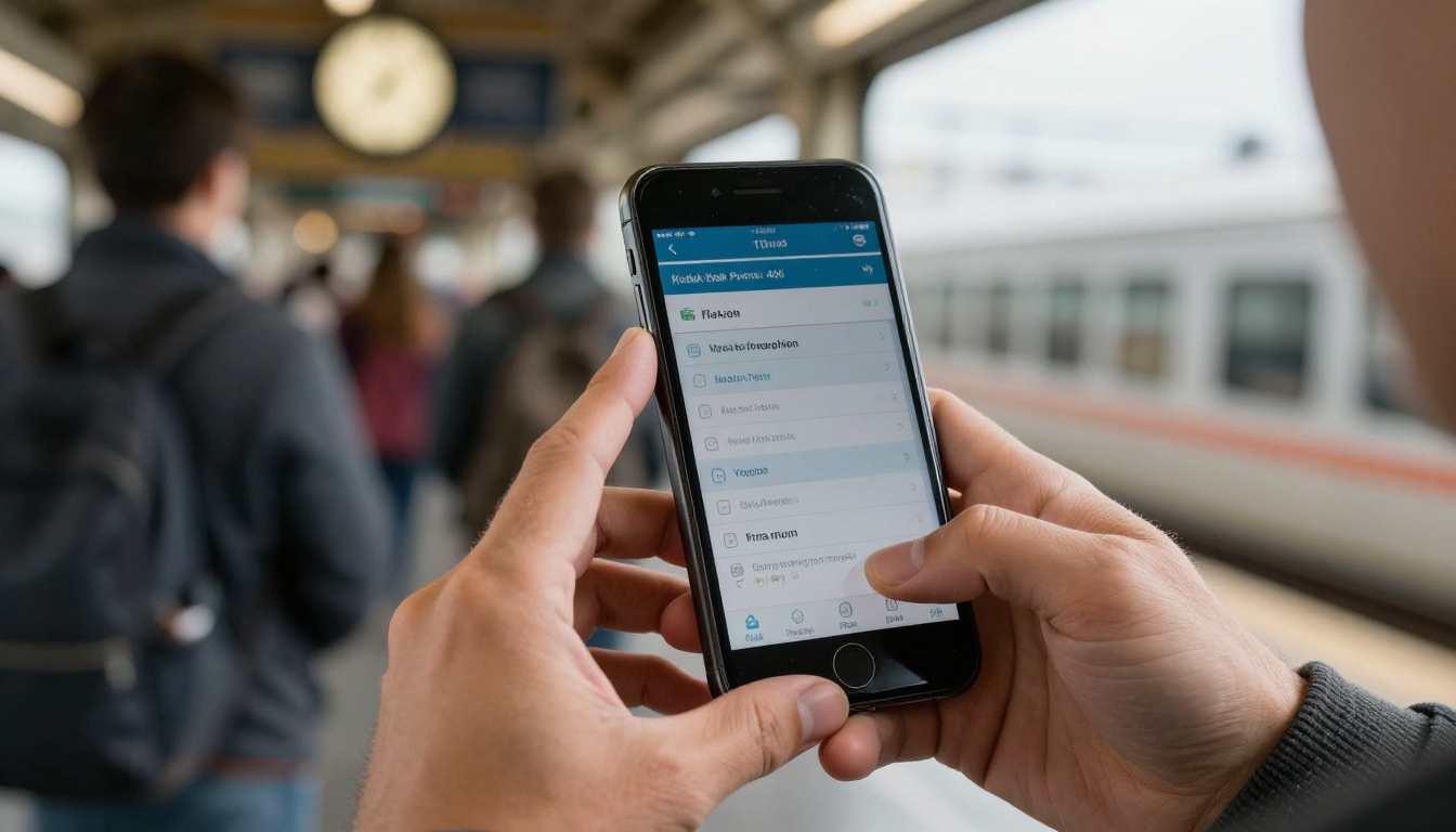 Traveler reading a digital itinerary on a train platform