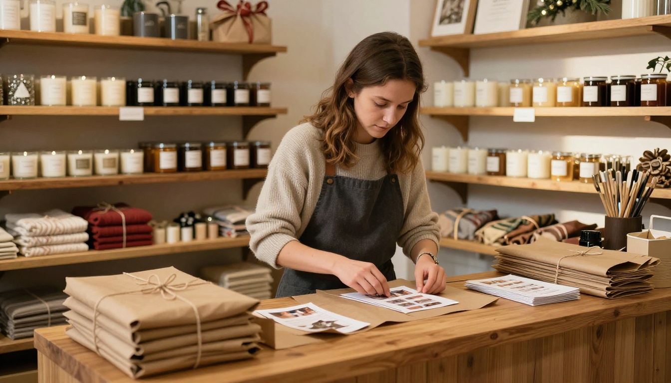 A small business owner wrapping a catalog mailer at a wooden counter