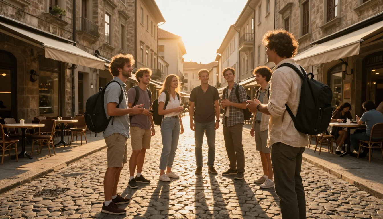 Tour guide greeting a small group in a cobblestone square
