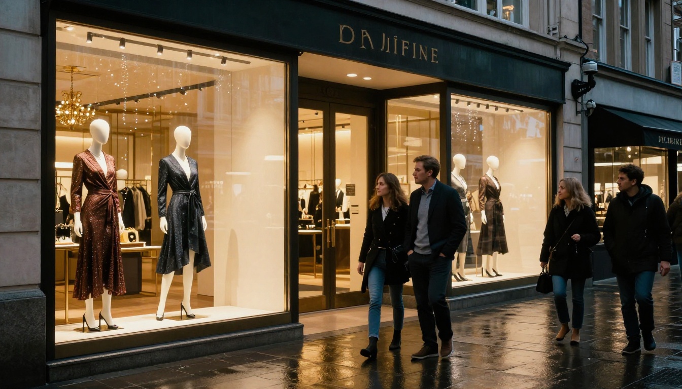 A festive luxury store window display at dusk