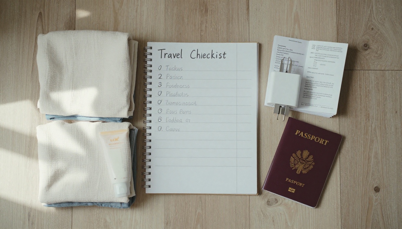 Flat lay of packing items and travel documents on a wooden floor