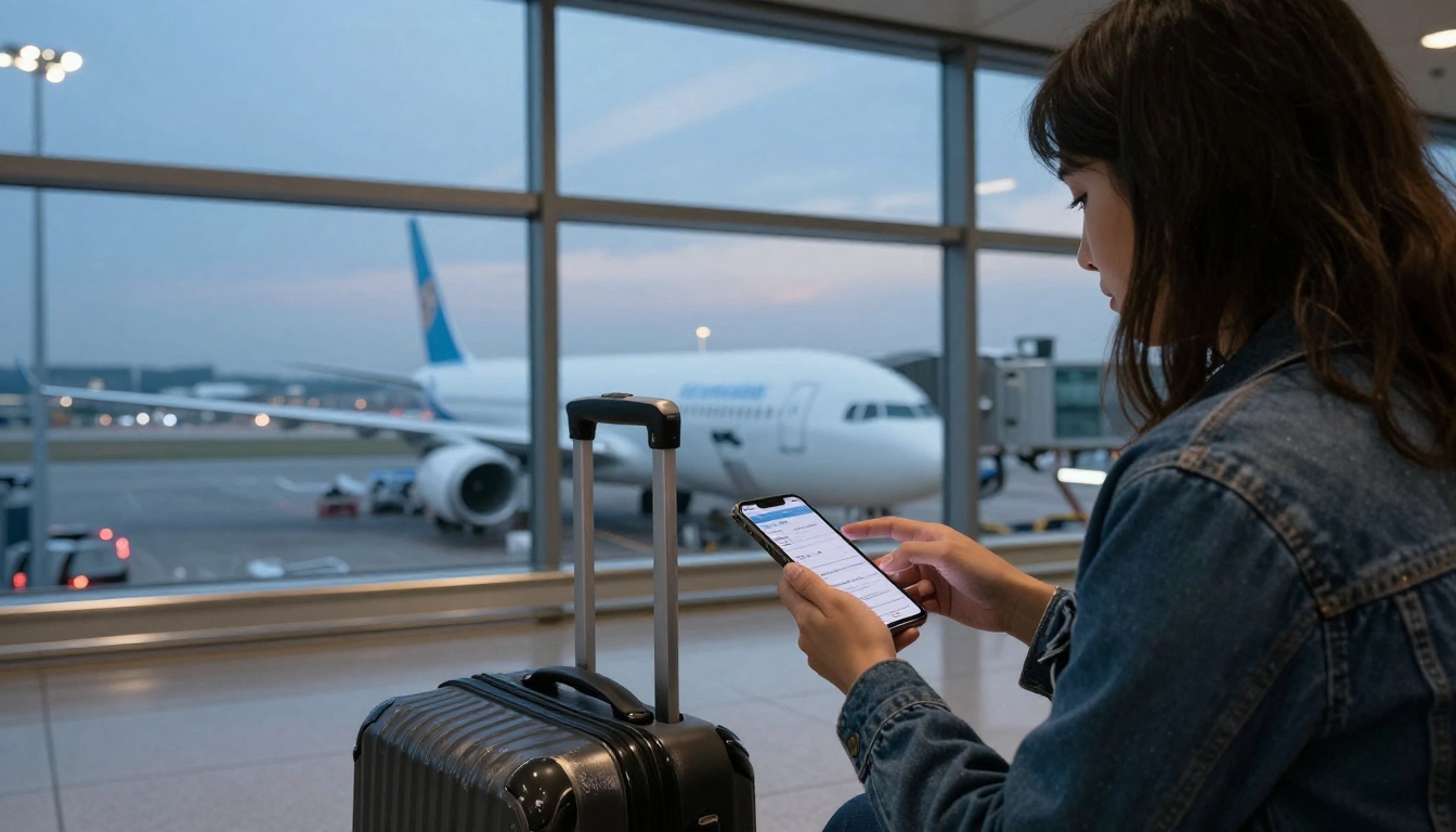 Woman checking trip details on her phone at an airport gate