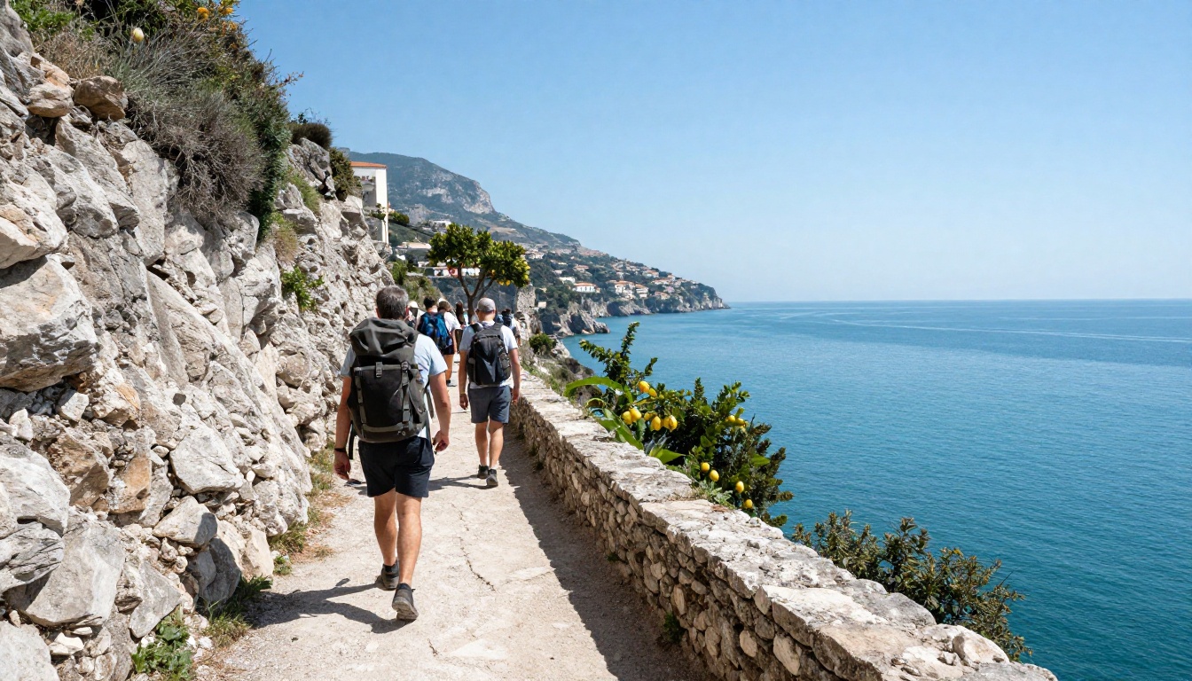 Coastal hiking group on a cliff trail above turquoise water