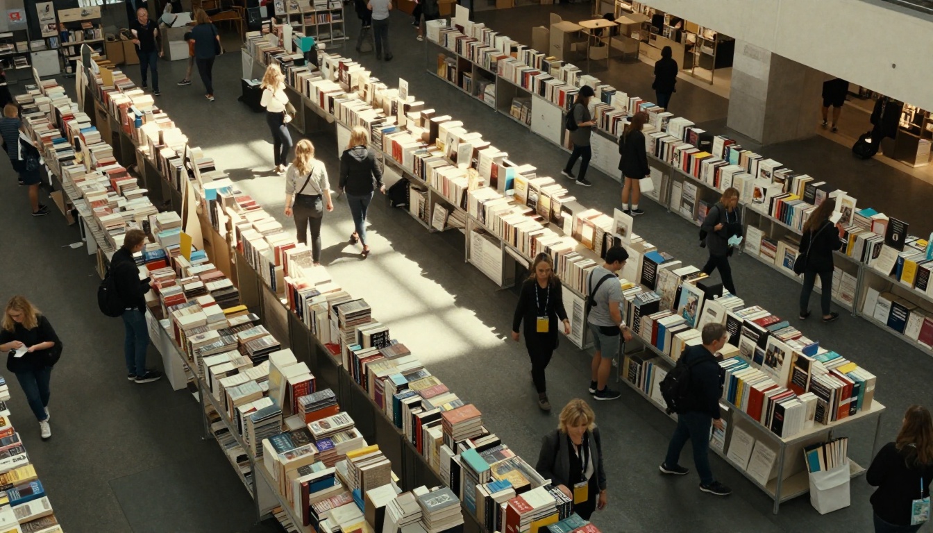 Aerial view of a busy book fair hall with publisher stands Aerial view of a busy book fair hall with publisher stands