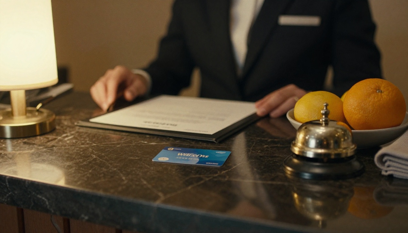 Hotel reception counter with a keycard and welcome card