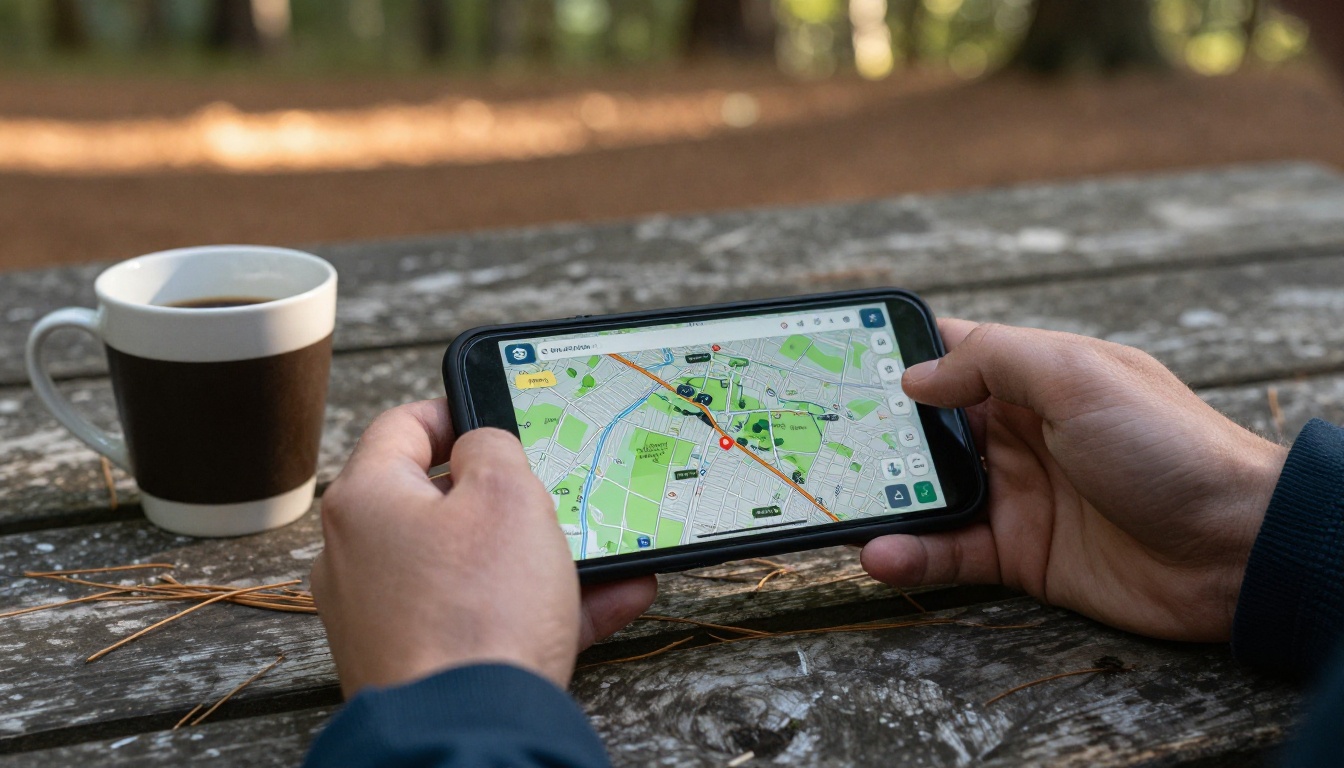 Traveler holding a phone with a digital campground map at a picnic table