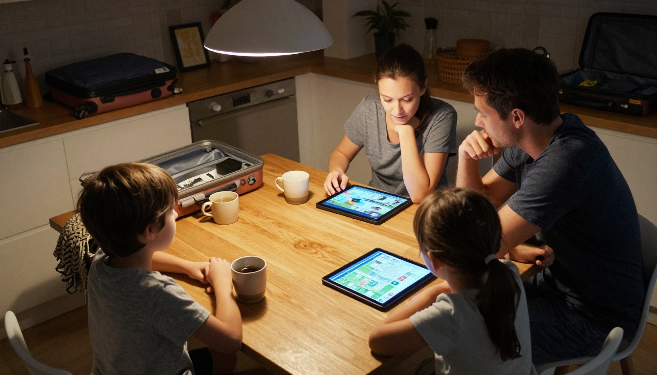 Family looking at a trip itinerary on a tablet at a kitchen table