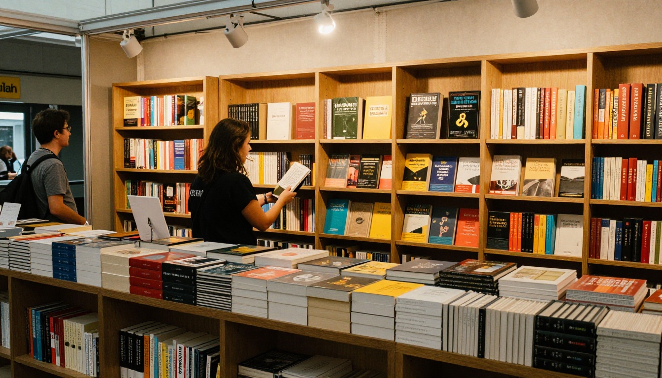 Publisher presenting a book title to two international buyers at a stand Publisher presenting a book title to two international buyers at a stand