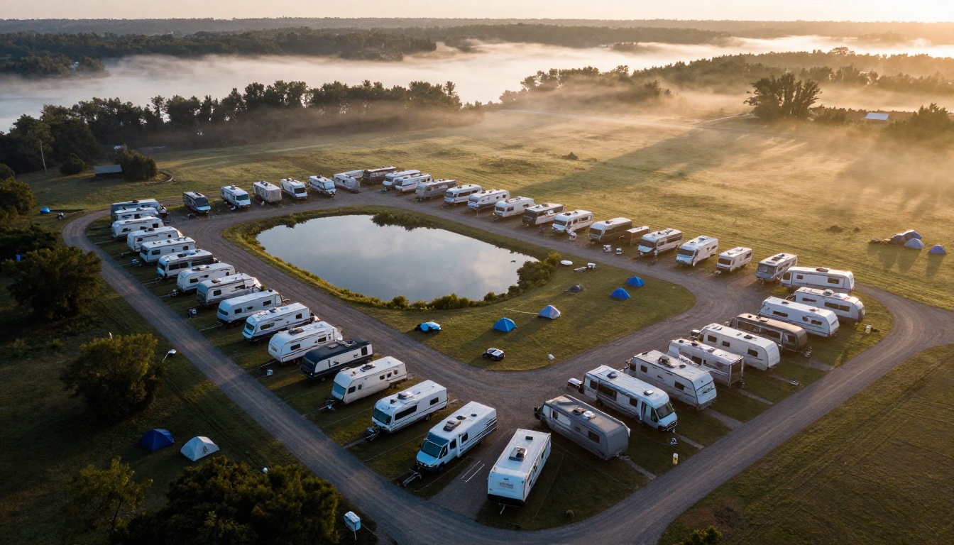 Aerial view of an RV park around a small lake at sunrise