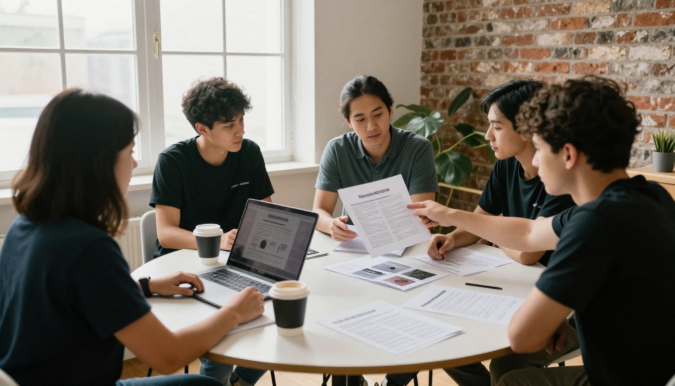 Tour company team reviewing booklet proofs around a table