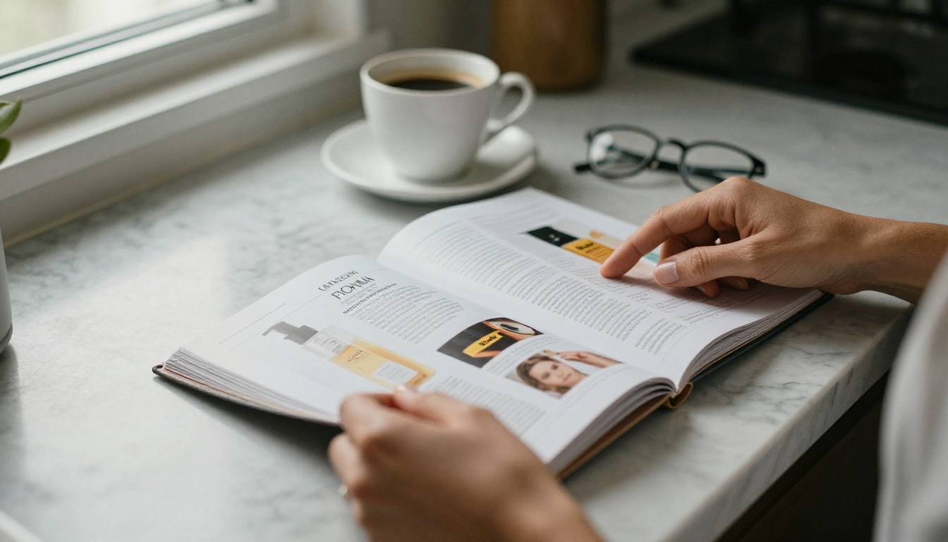 Woman flipping through a printed skincare catalog at a kitchen counter