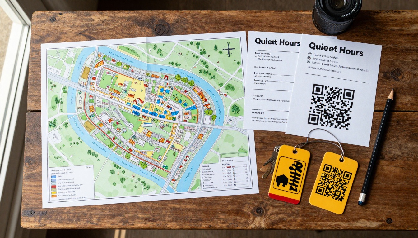 Flat lay of campground welcome materials on a wooden table