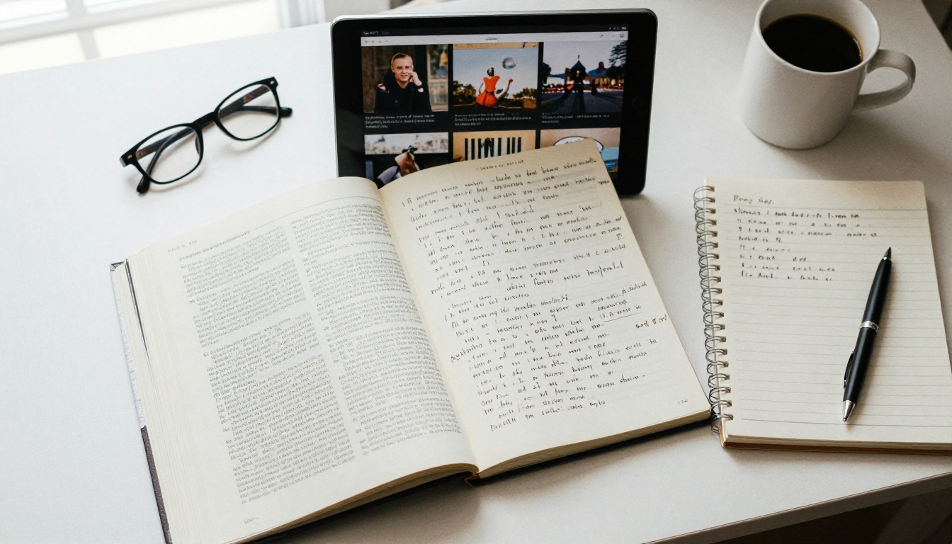 Flat lay of a desk with a printed catalog, tablet and notes Flat lay of a desk with a printed catalog, tablet and notes