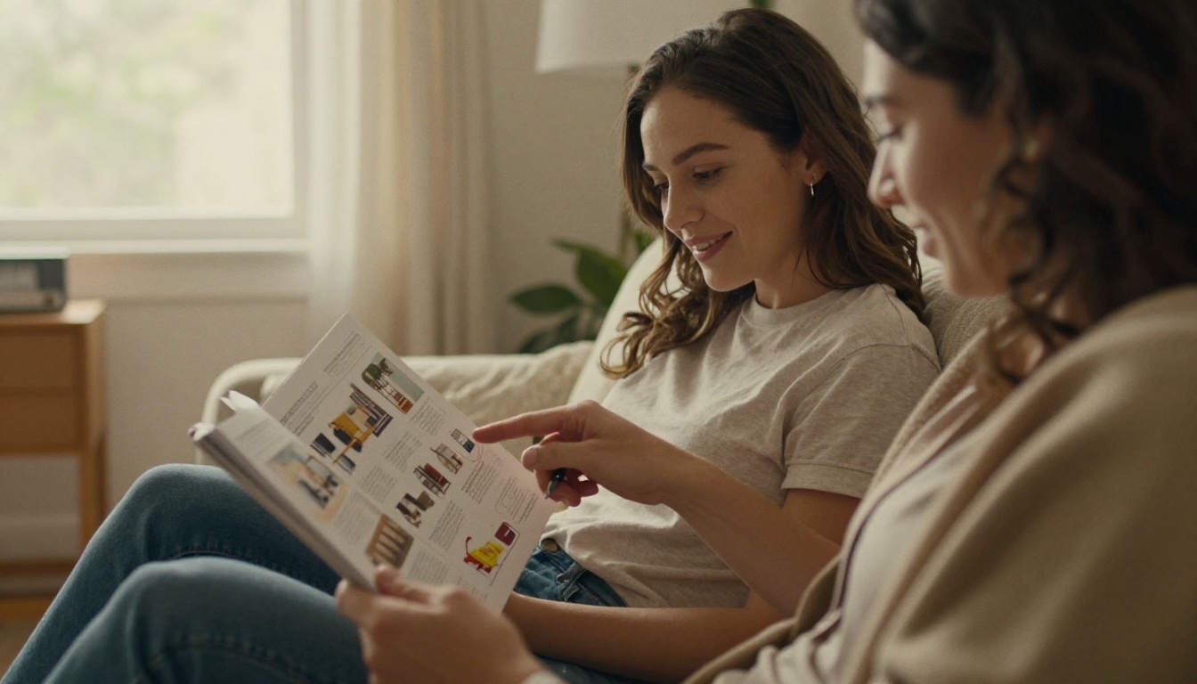 Couple circling items in a printed home goods catalog on a sofa