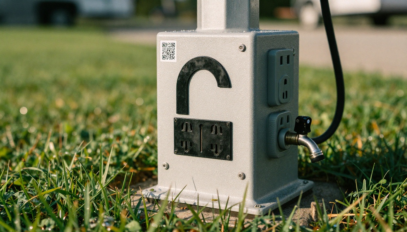 Campground site post with QR code sticker and hookup pedestal