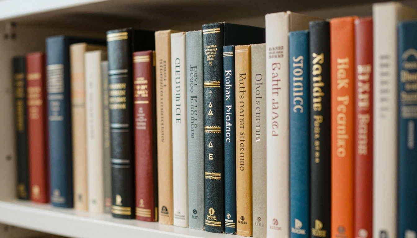 Foreign language books lined on a shelf with gold foil spines Foreign language books lined on a shelf with gold foil spines